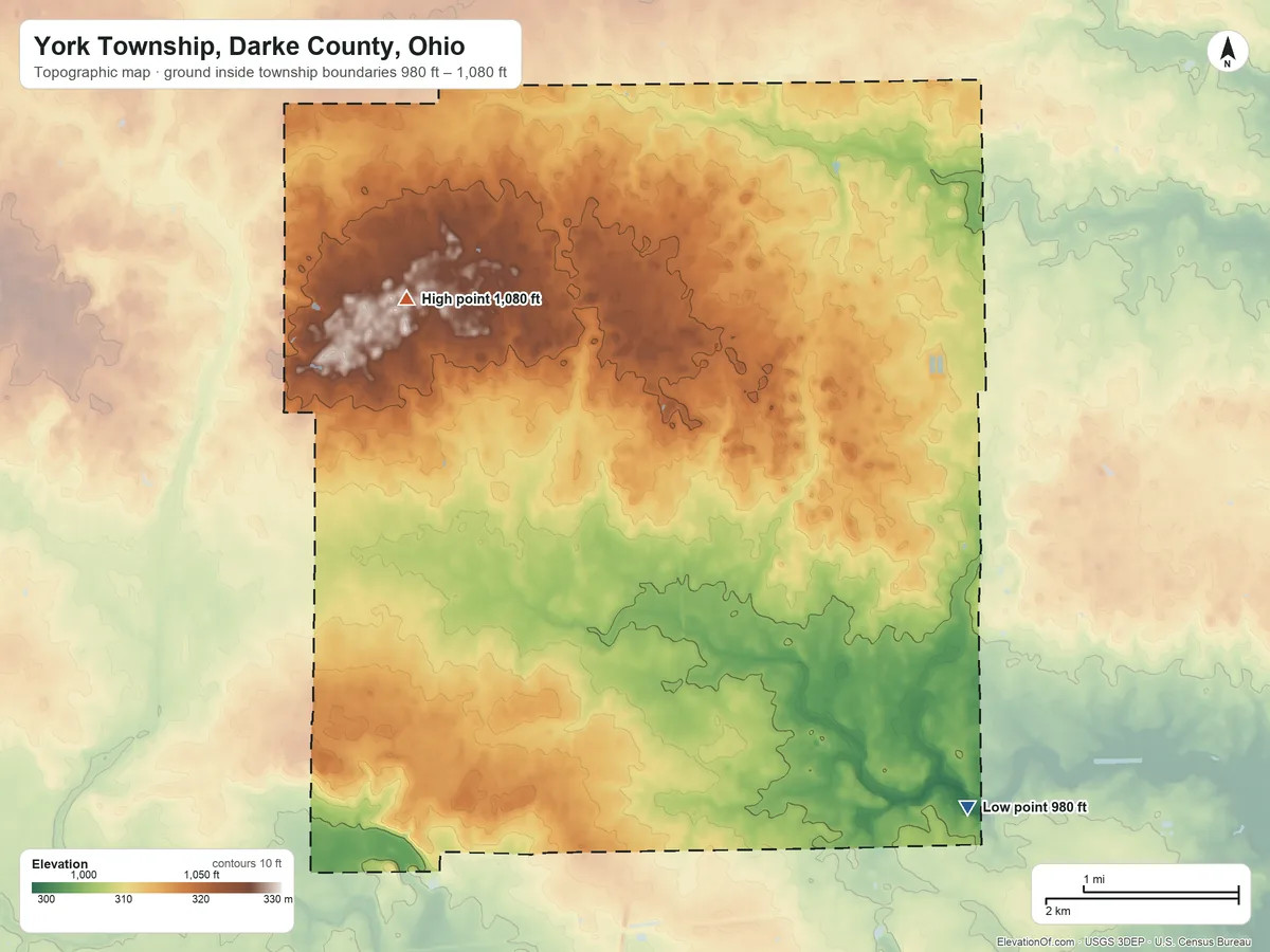 Topographic elevation map of York Township, Darke County, Ohio, shaded from 980 ft on the southeast side to 1,080 ft on the northwest side