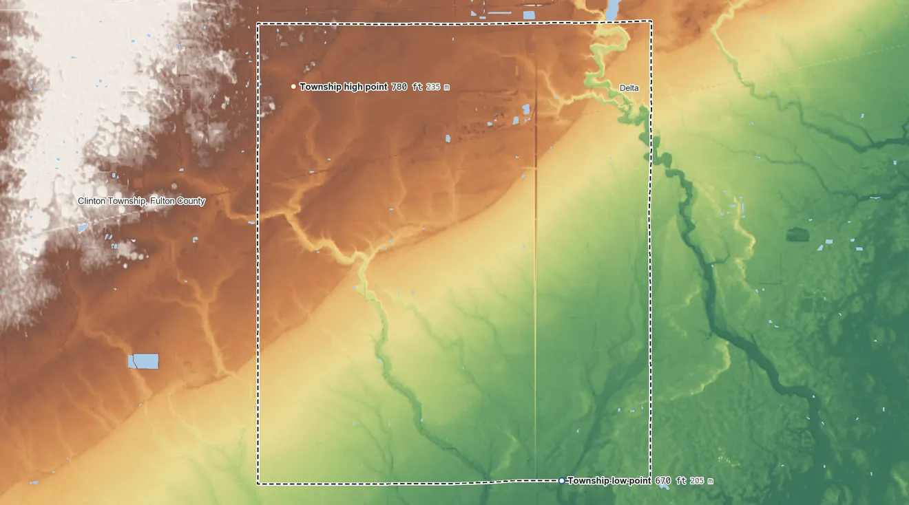 Topographic elevation map of York Township, Fulton County, Ohio, shaded from 670 ft on the south side to 780 ft on the west side