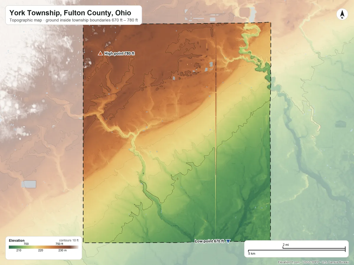 Topographic elevation map of York Township, Fulton County, Ohio, shaded from 670 ft on the south side to 780 ft on the west side
