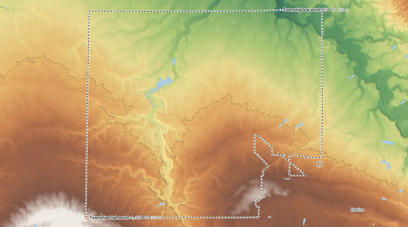 Topographic elevation map of York Township, Medina County, Ohio, shaded from 850 ft on the north side to 1,150 ft on the southwest side