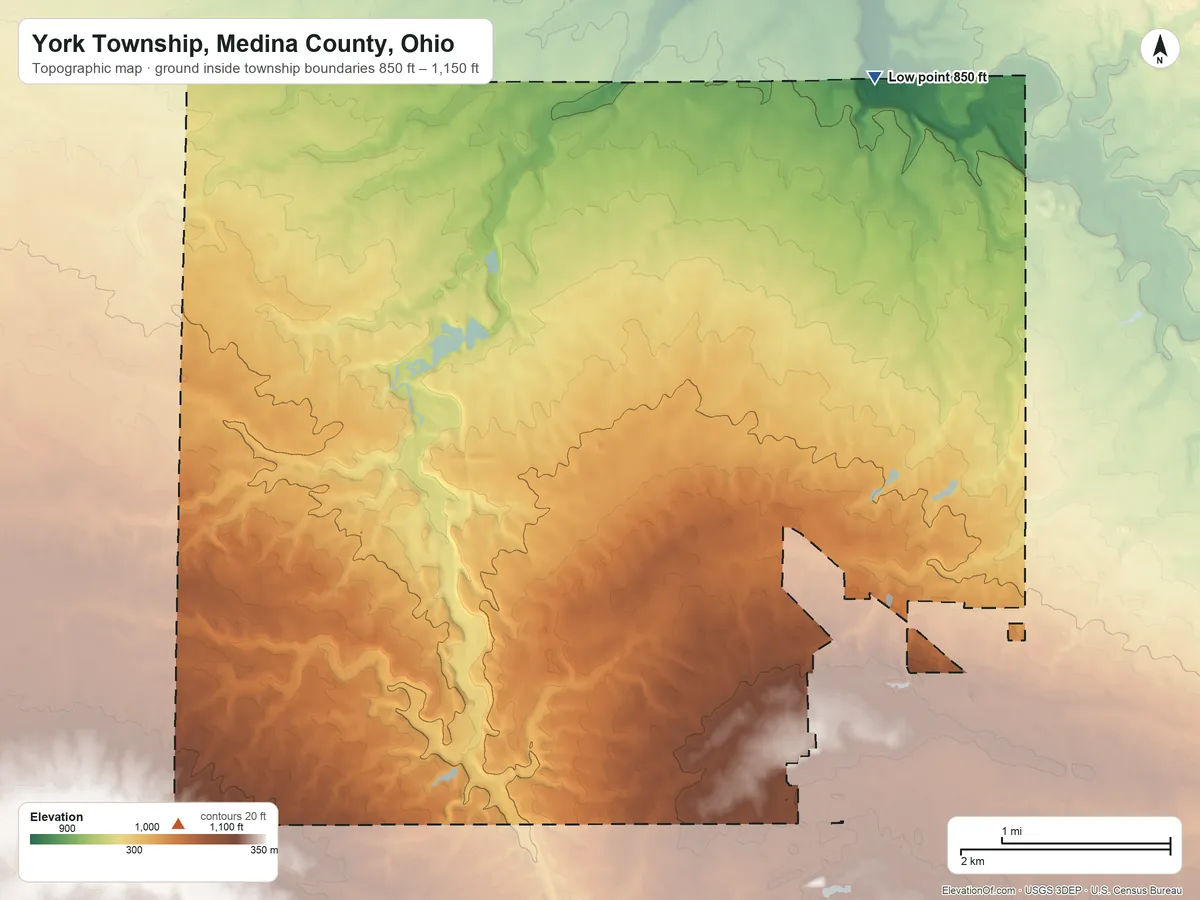 Topographic elevation map of York Township, Medina County, Ohio, shaded from 850 ft on the north side to 1,150 ft on the southwest side