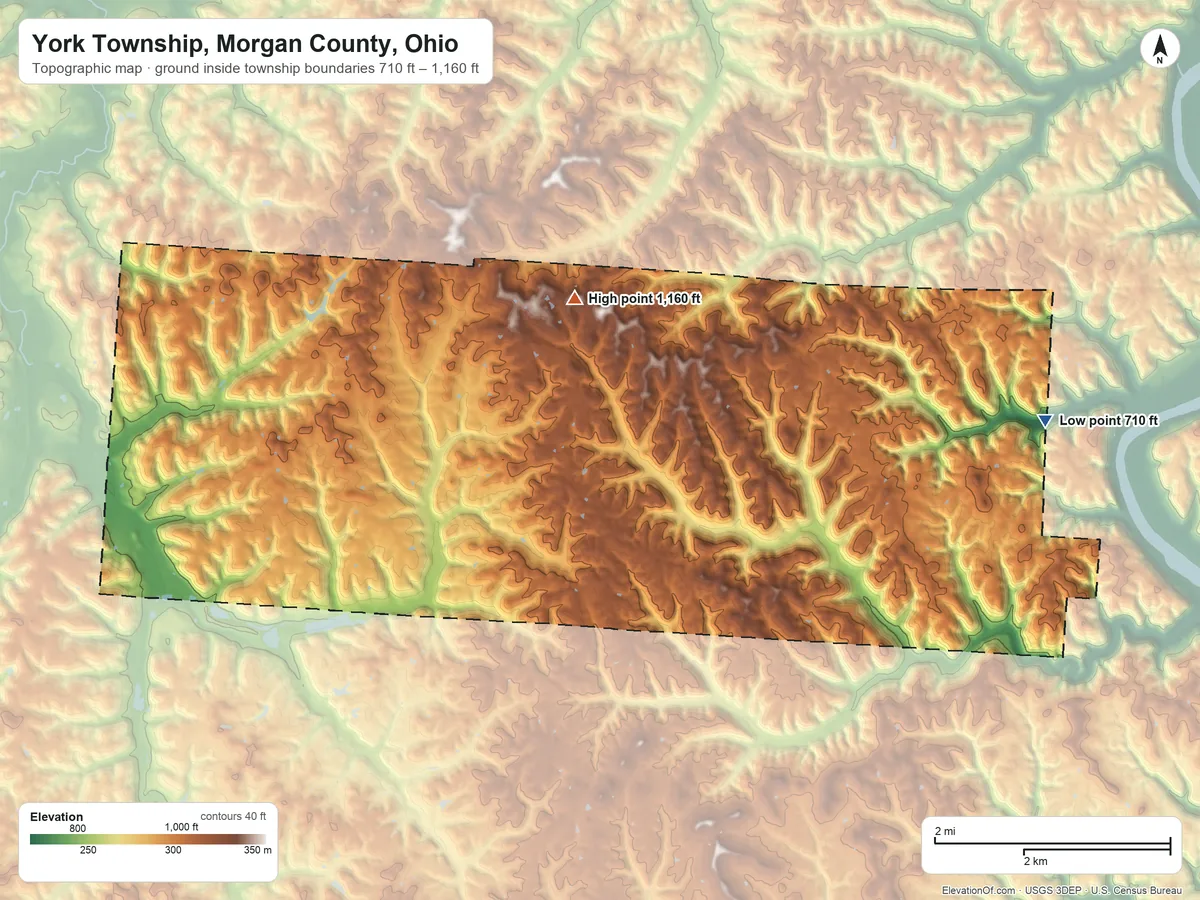 Topographic elevation map of York Township, Morgan County, Ohio, shaded from 710 ft on the east side to 1,160 ft on the northeast side
