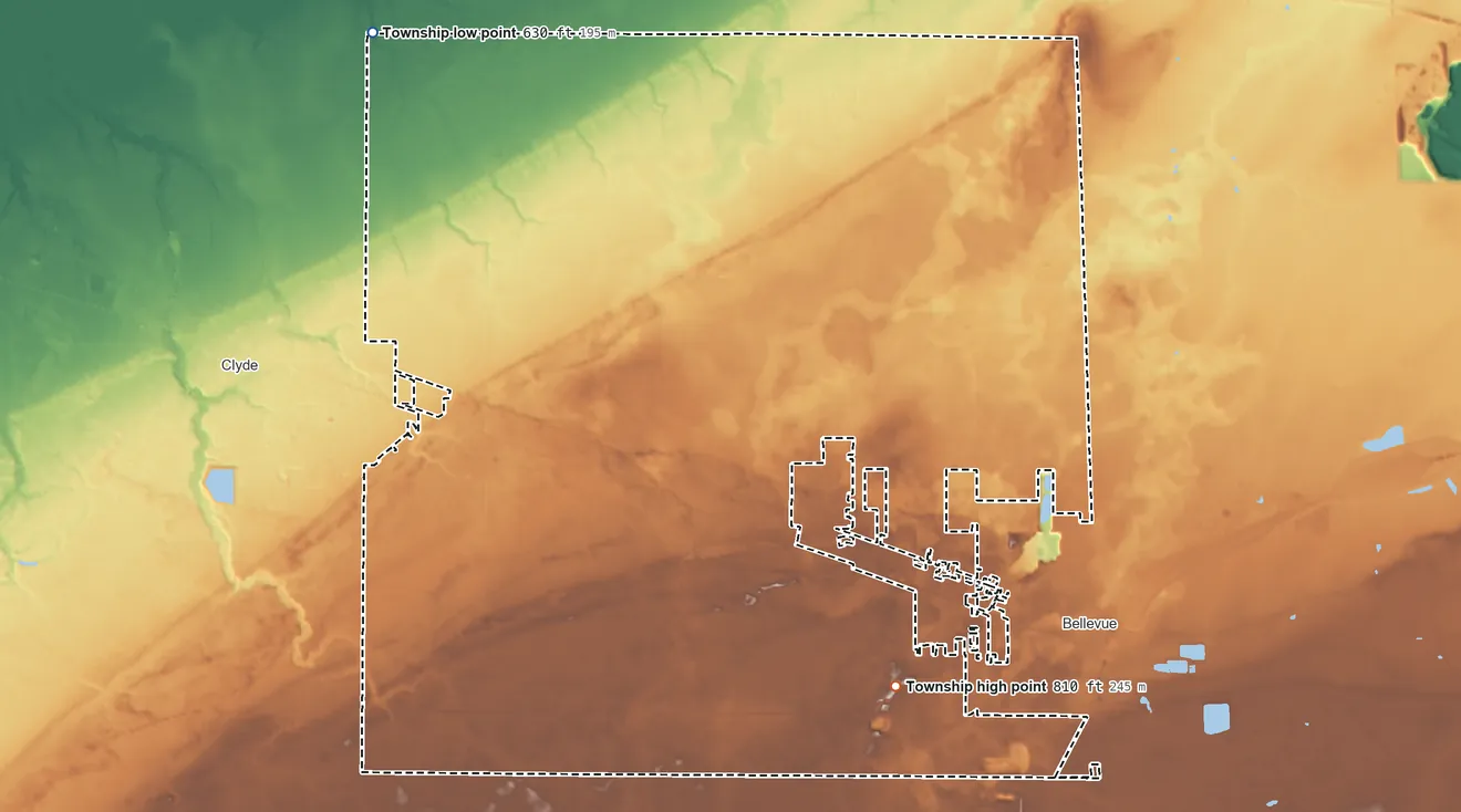 Topographic elevation map of York Township, Sandusky County, Ohio, shaded from 630 ft on the northwest side to 810 ft on the southeast side