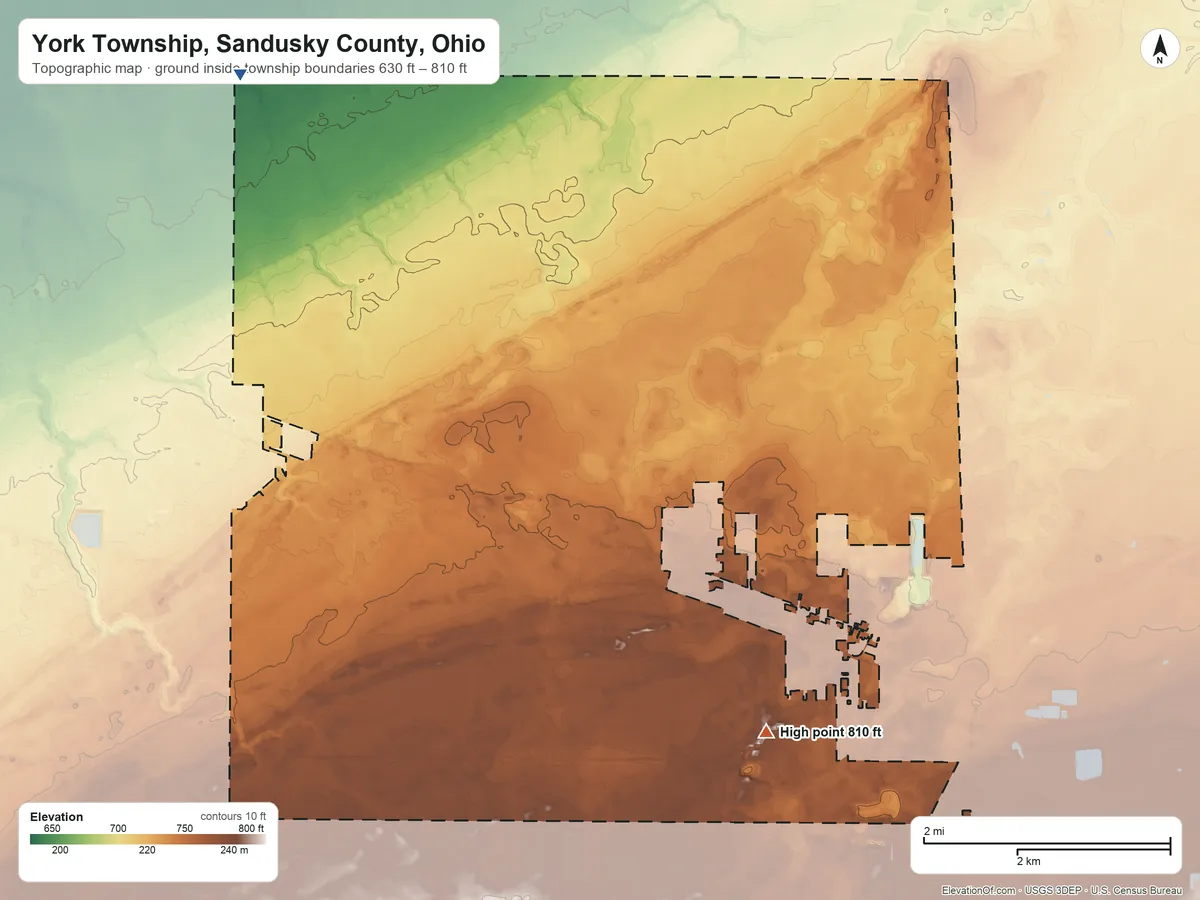 Topographic elevation map of York Township, Sandusky County, Ohio, shaded from 630 ft on the northwest side to 810 ft on the southeast side