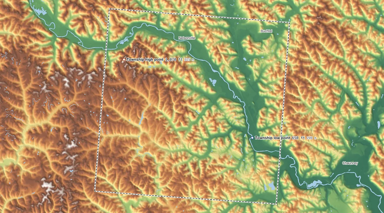 Topographic elevation map of York Township, Ohio, shaded from 650 ft on the southeast side to 1,070 ft on the west side