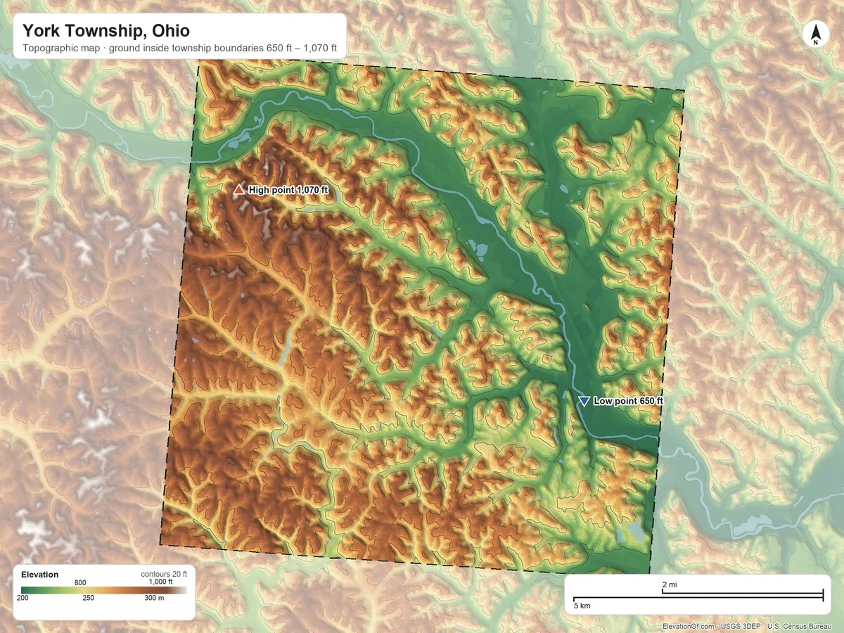 Topographic elevation map of York Township, Ohio, shaded from 650 ft on the southeast side to 1,070 ft on the west side