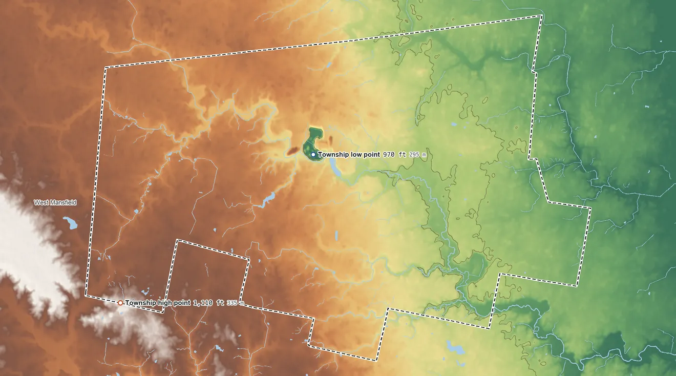 Topographic elevation map of York Township, Union County, Ohio, shaded from 970 ft near the middle to 1,110 ft on the southwest side