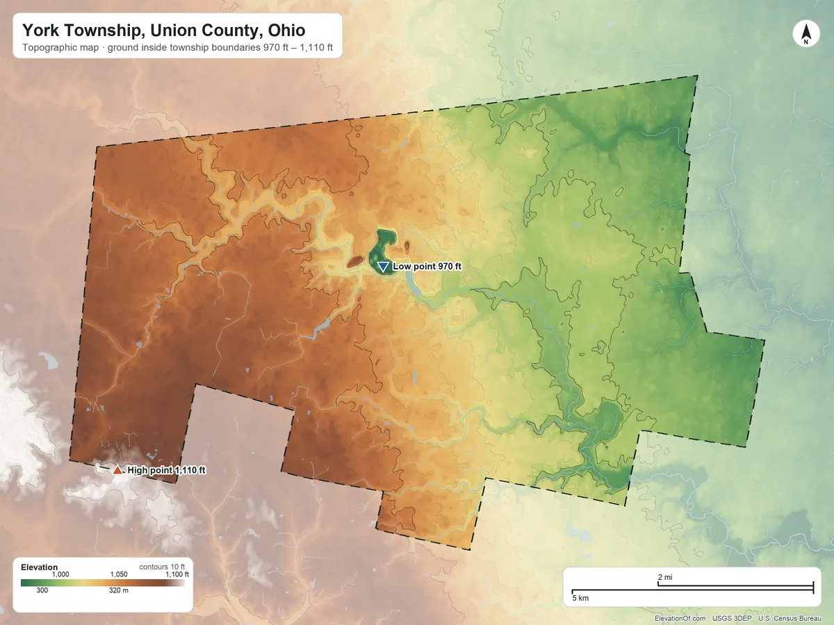 Topographic elevation map of York Township, Union County, Ohio, shaded from 970 ft near the middle to 1,110 ft on the southwest side