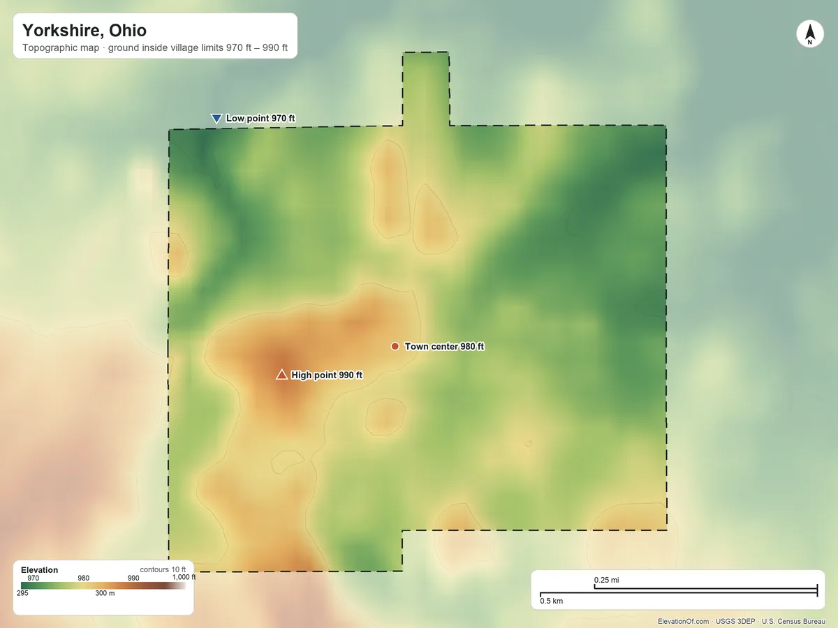 Topographic elevation map of Yorkshire, Ohio, shaded from 970 ft on the northwest side to 990 ft on the west side