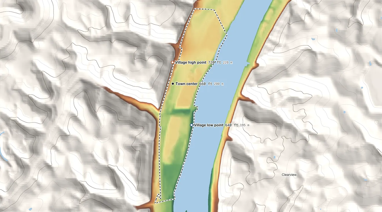 Topographic elevation map of Yorkville, Ohio, shaded from 640 ft on the southeast side to 720 ft on the north edge, below higher ground just outside