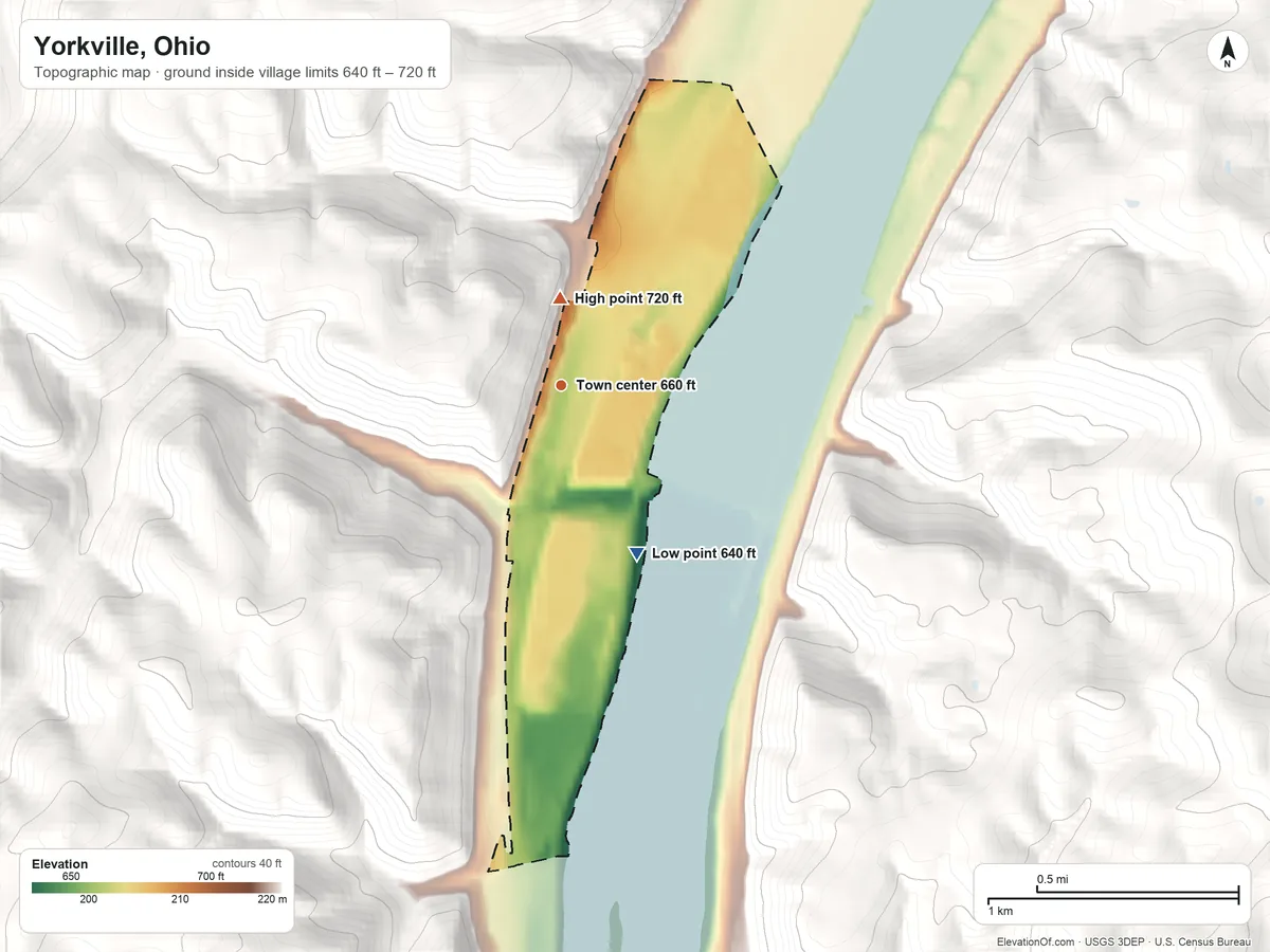 Topographic elevation map of Yorkville, Ohio, shaded from 640 ft on the southeast side to 720 ft on the north edge, below higher ground just outside