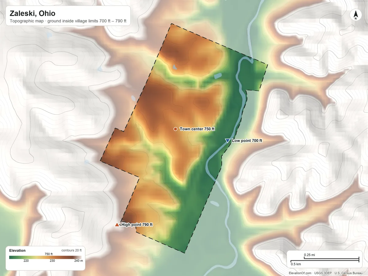 Topographic elevation map of Zaleski, Ohio, shaded from 700 ft on the east side to 790 ft on the southwest side