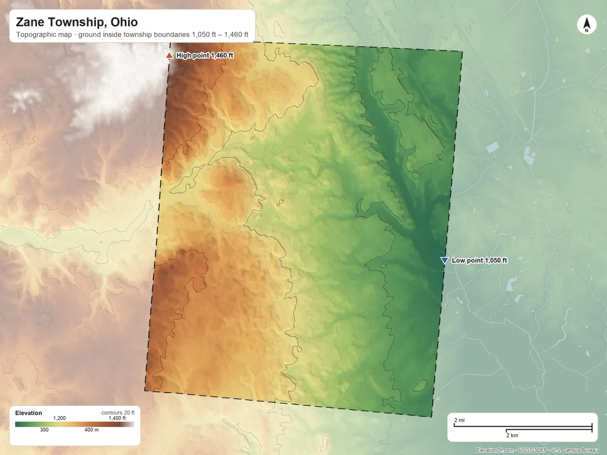 Topographic elevation map of Zane Township, Ohio, shaded from 1,050 ft on the southeast side to 1,460 ft on the northwest side