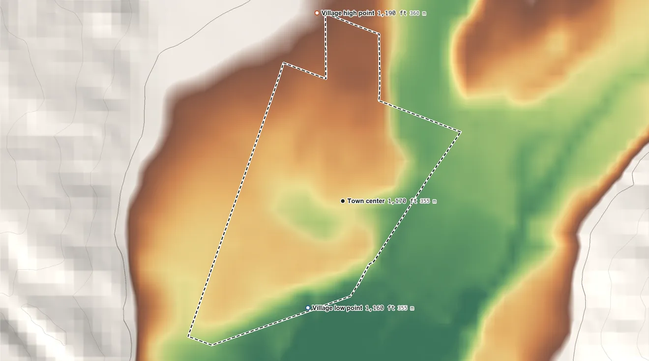 Topographic elevation map of Zanesfield, Ohio, shaded from 1,160 ft on the south side to 1,190 ft on the north side