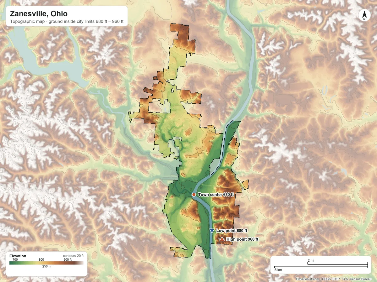 Topographic elevation map of Zanesville, Ohio, shaded from 680 ft on the southeast side to 960 ft on the southeast side