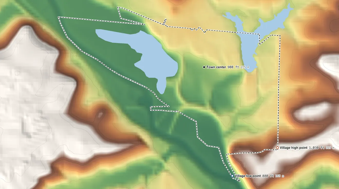 Topographic elevation map of Zoar, Ohio, shaded from 880 ft on the south side to 1,030 ft on the southeast side