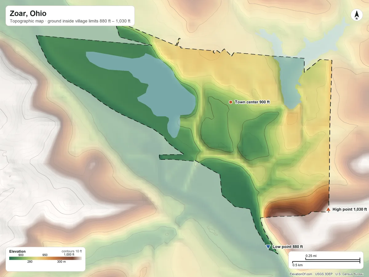 Topographic elevation map of Zoar, Ohio, shaded from 880 ft on the south side to 1,030 ft on the southeast side