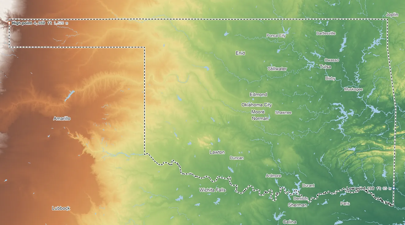 Topographic elevation map of Oklahoma, shaded from 280 ft on the east side to 4,980 ft on the northwest side
