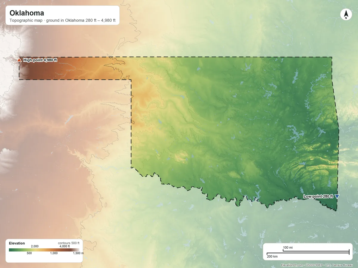 Topographic elevation map of Oklahoma, shaded from 280 ft on the east side to 4,980 ft on the northwest side