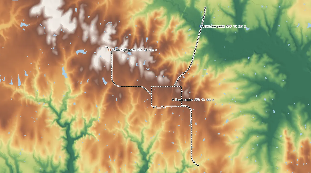 Topographic elevation map of Achille, Oklahoma, shaded from 570 ft on the north side to 700 ft on the northwest side