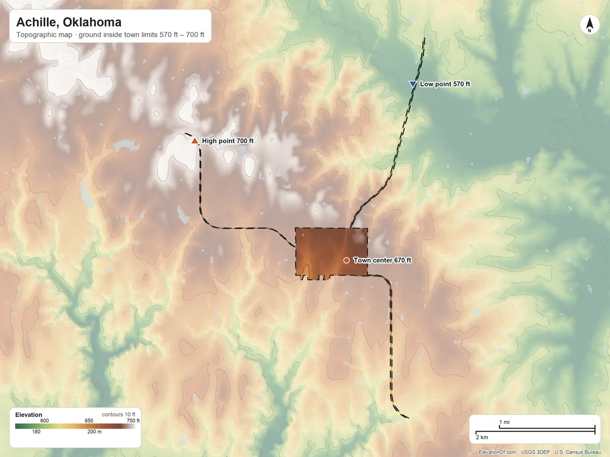 Topographic elevation map of Achille, Oklahoma, shaded from 570 ft on the north side to 700 ft on the northwest side