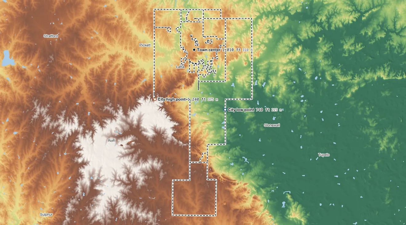 Topographic elevation map of Ada, Oklahoma, shaded from 740 ft on the southeast side to 1,240 ft on the southwest side
