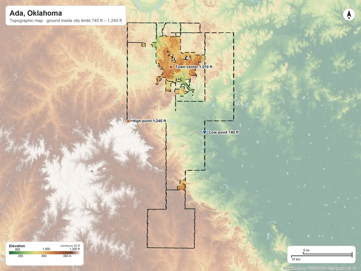 Topographic elevation map of Ada, Oklahoma, shaded from 740 ft on the southeast side to 1,240 ft on the southwest side