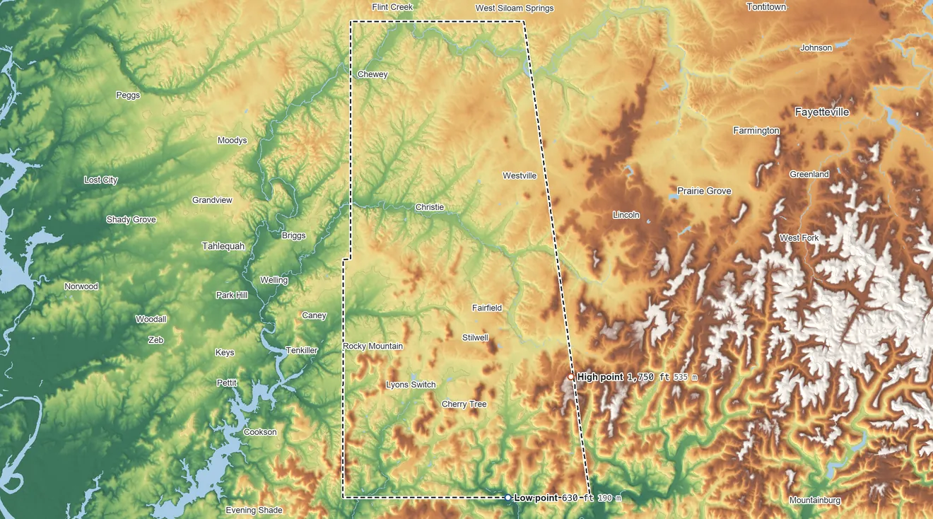 Topographic elevation map of Adair County, Oklahoma, shaded from 630 ft on the south side to 1,750 ft on the southeast side