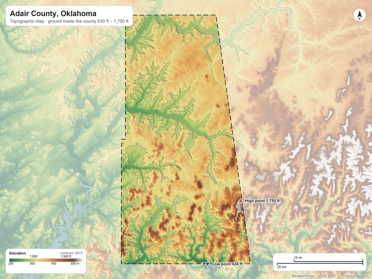 Topographic elevation map of Adair County, Oklahoma, shaded from 630 ft on the south side to 1,750 ft on the southeast side