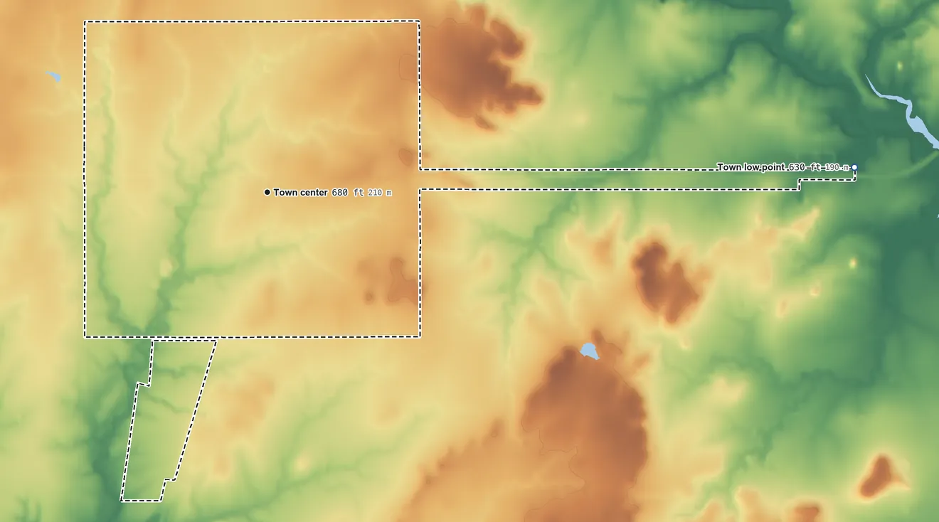 Topographic elevation map of Adair, Oklahoma, shaded from 630 ft on the east side to 750 ft on the west side