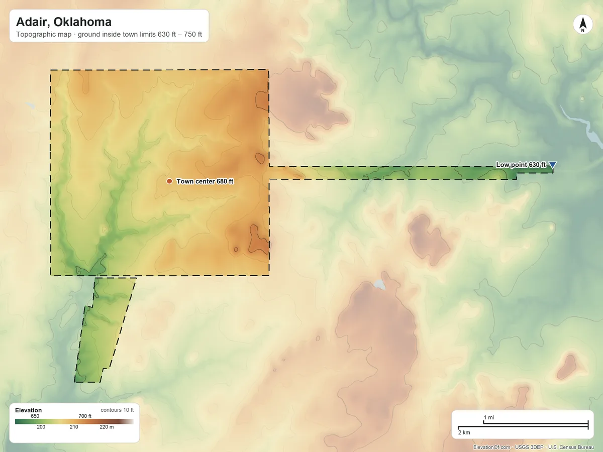 Topographic elevation map of Adair, Oklahoma, shaded from 630 ft on the east side to 750 ft on the west side