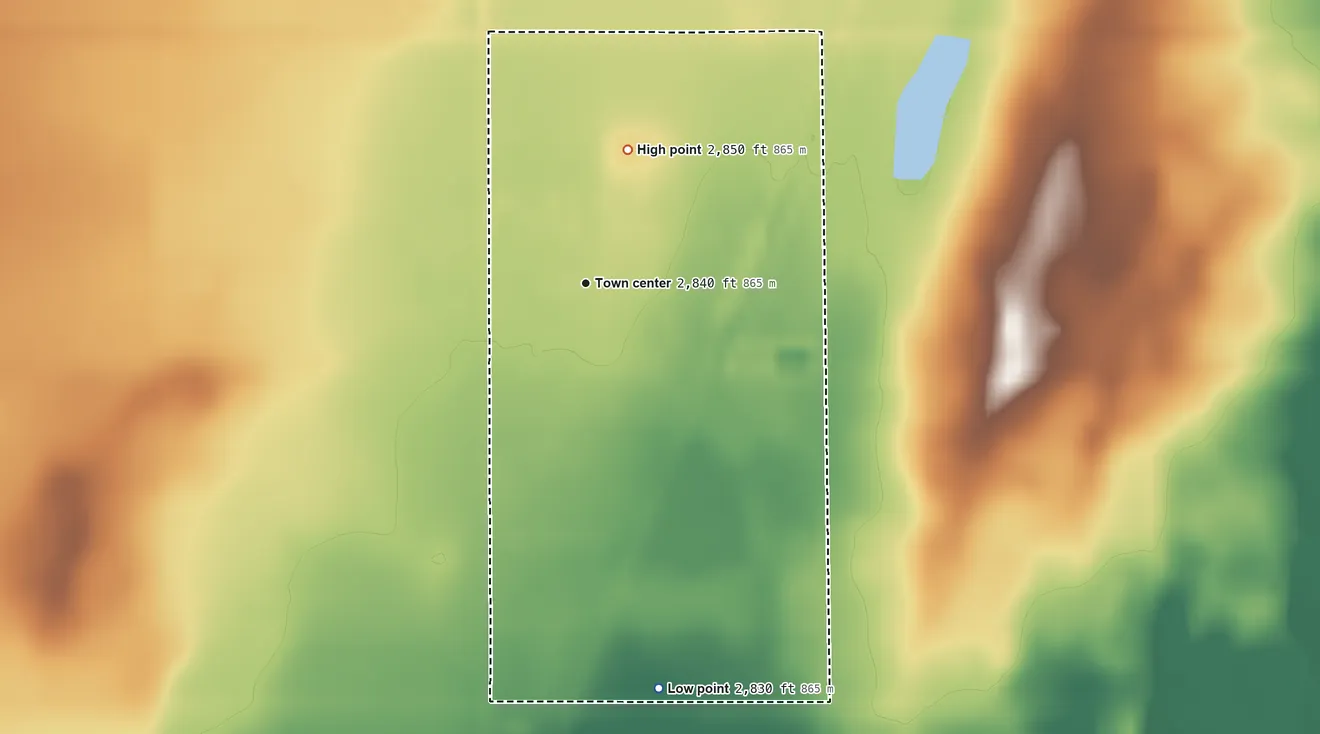 Topographic elevation map of Adams, Oklahoma, shaded from 2,830 ft on the south side to 2,850 ft on the north side
