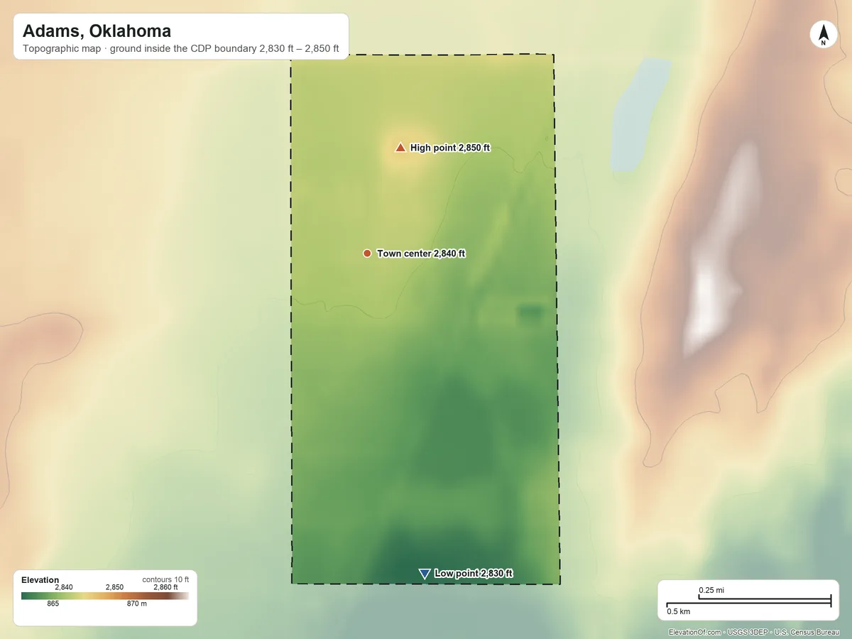 Topographic elevation map of Adams, Oklahoma, shaded from 2,830 ft on the south side to 2,850 ft on the north side