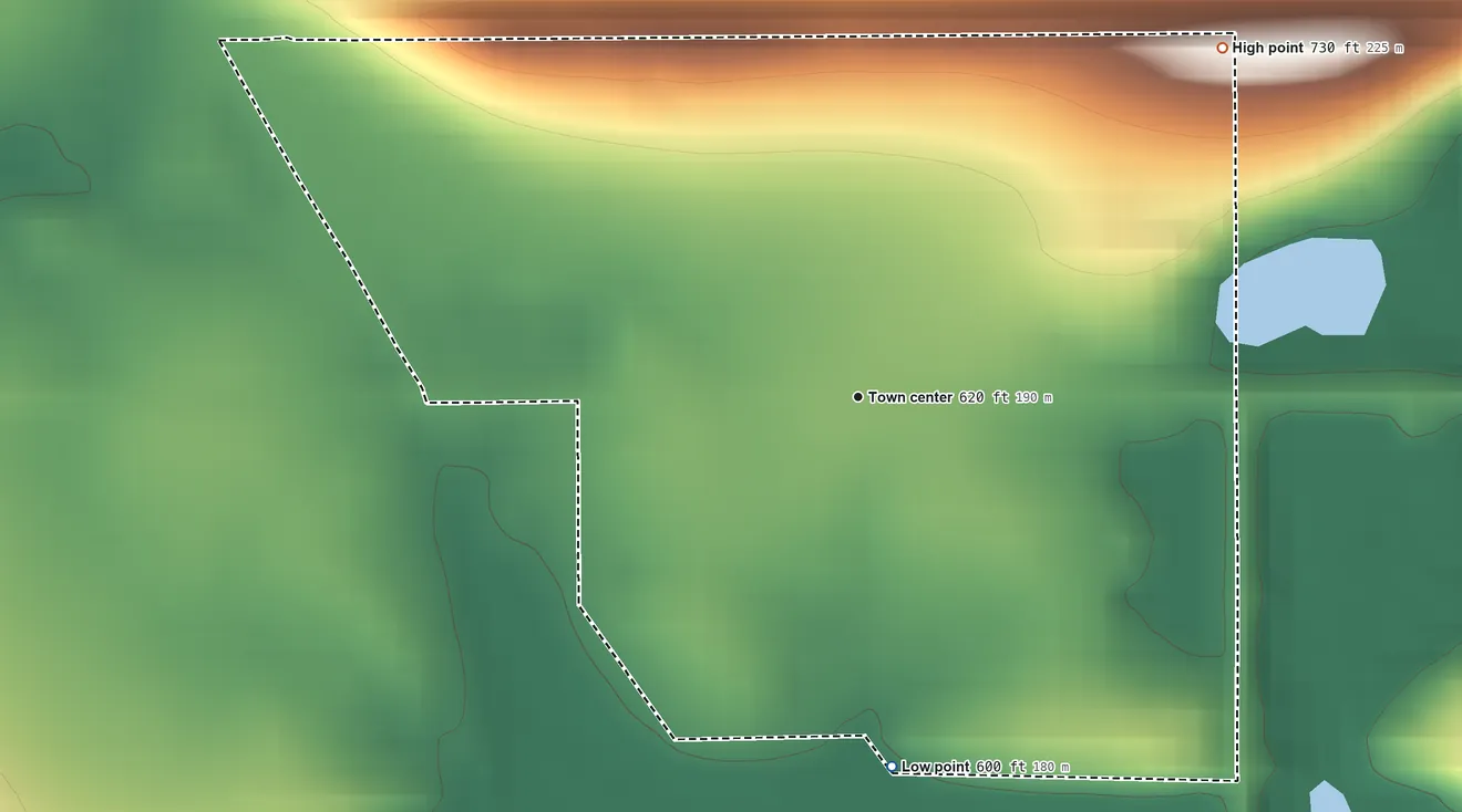 Topographic elevation map of Adamson, Oklahoma, shaded from 600 ft on the south side to 730 ft on the northeast side