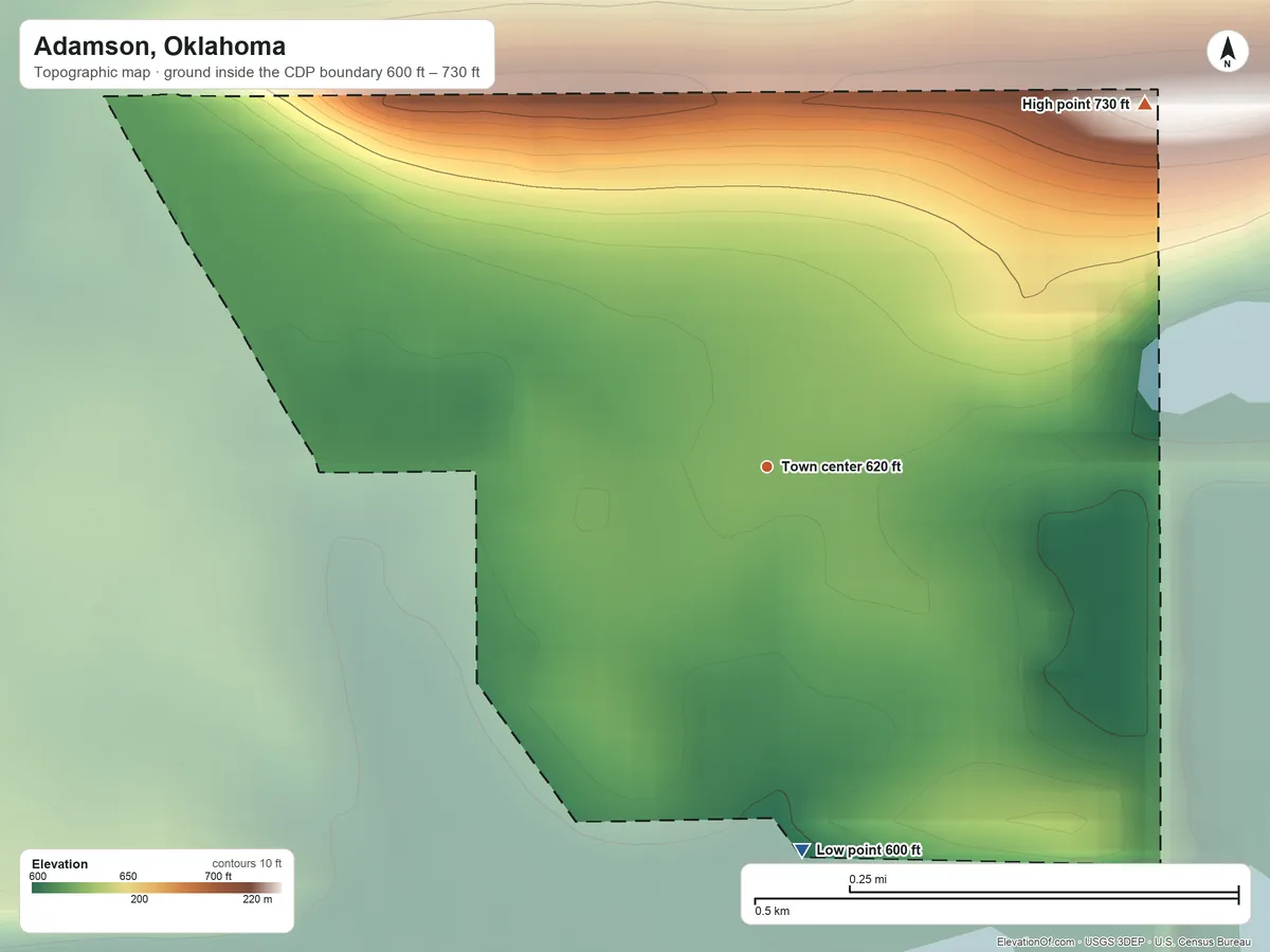 Topographic elevation map of Adamson, Oklahoma, shaded from 600 ft on the south side to 730 ft on the northeast side