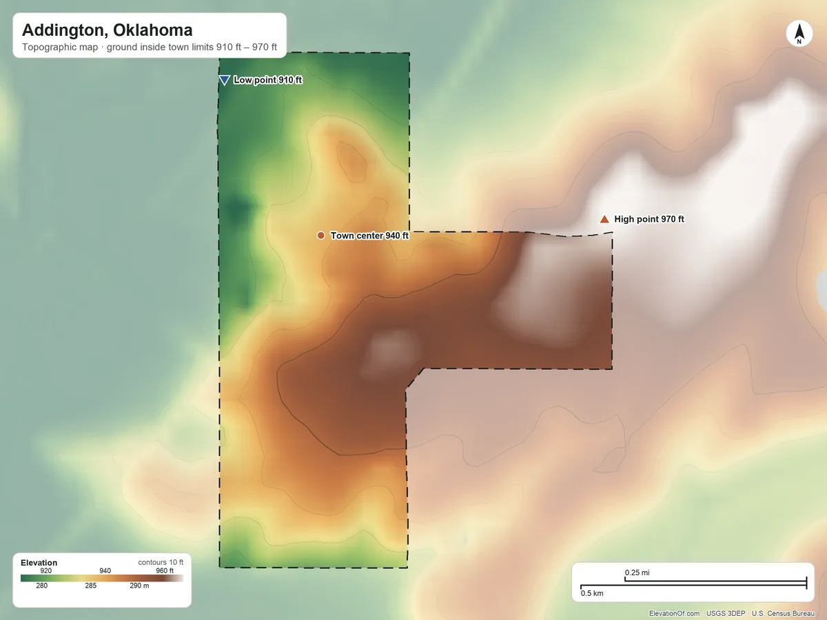 Topographic elevation map of Addington, Oklahoma, shaded from 910 ft on the northwest side to 970 ft on the east side