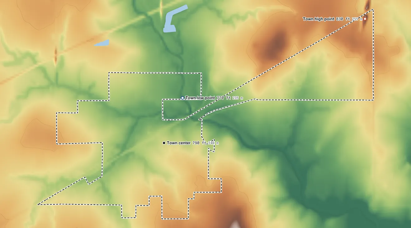 Topographic elevation map of Afton, Oklahoma, shaded from 770 ft on the north side to 830 ft on the northeast side