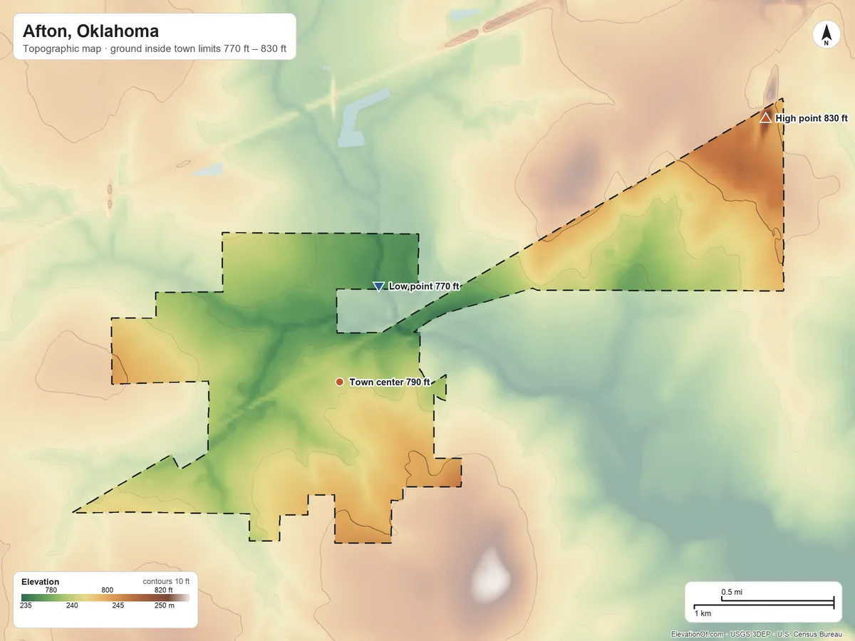 Topographic elevation map of Afton, Oklahoma, shaded from 770 ft on the north side to 830 ft on the northeast side