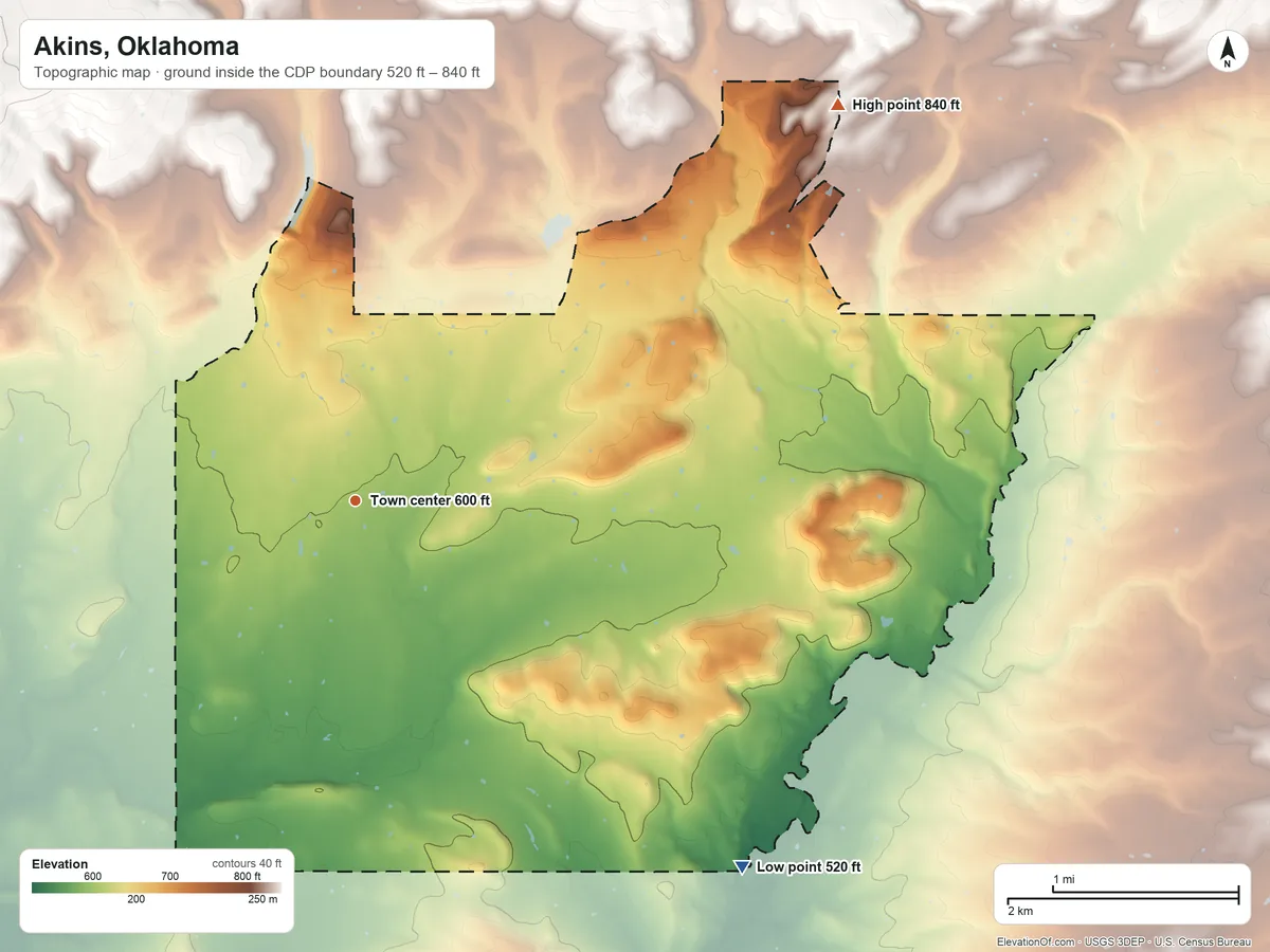 Topographic elevation map of Akins, Oklahoma, shaded from 520 ft on the southeast side to 840 ft on the northeast side
