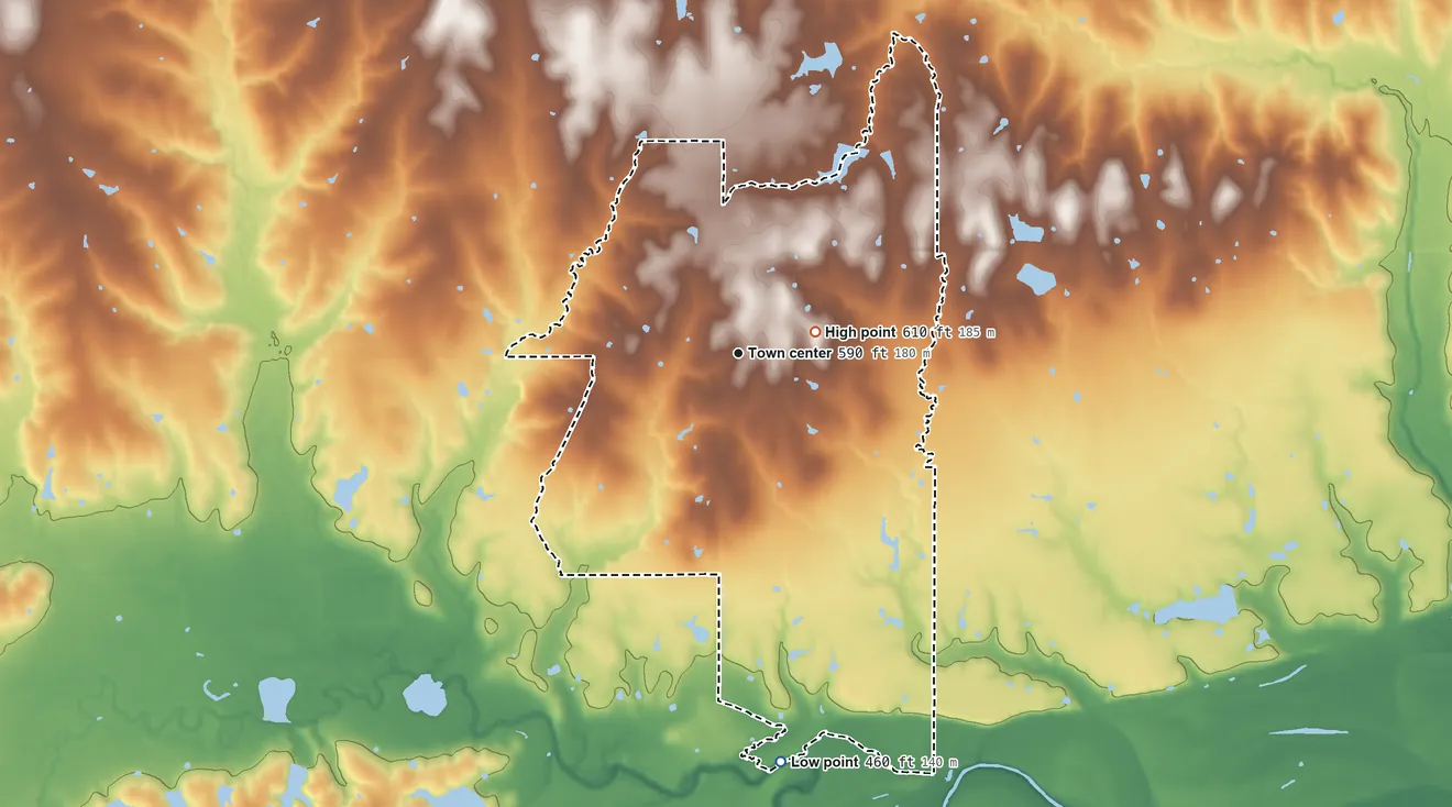Topographic elevation map of Albany, Oklahoma, shaded from 460 ft on the south side to 610 ft near the middle