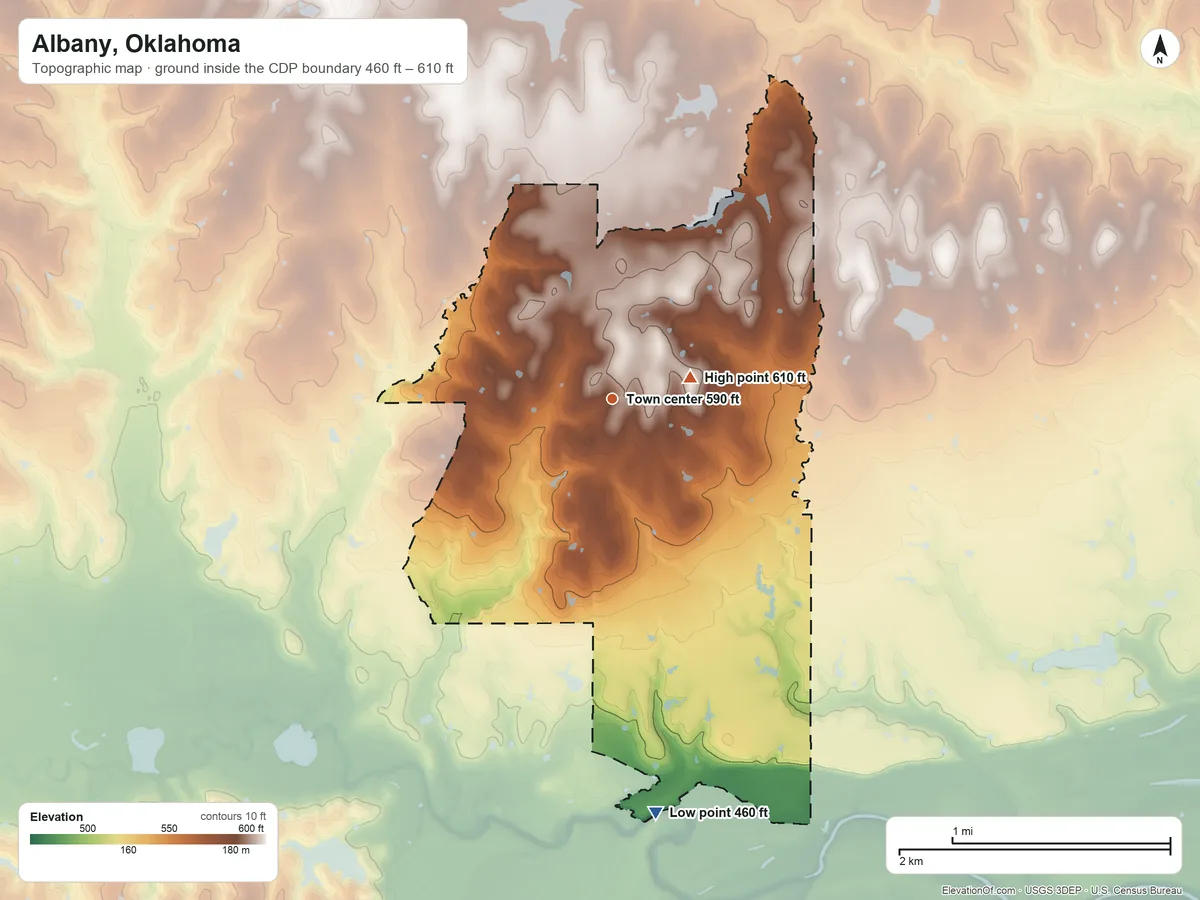 Topographic elevation map of Albany, Oklahoma, shaded from 460 ft on the south side to 610 ft near the middle
