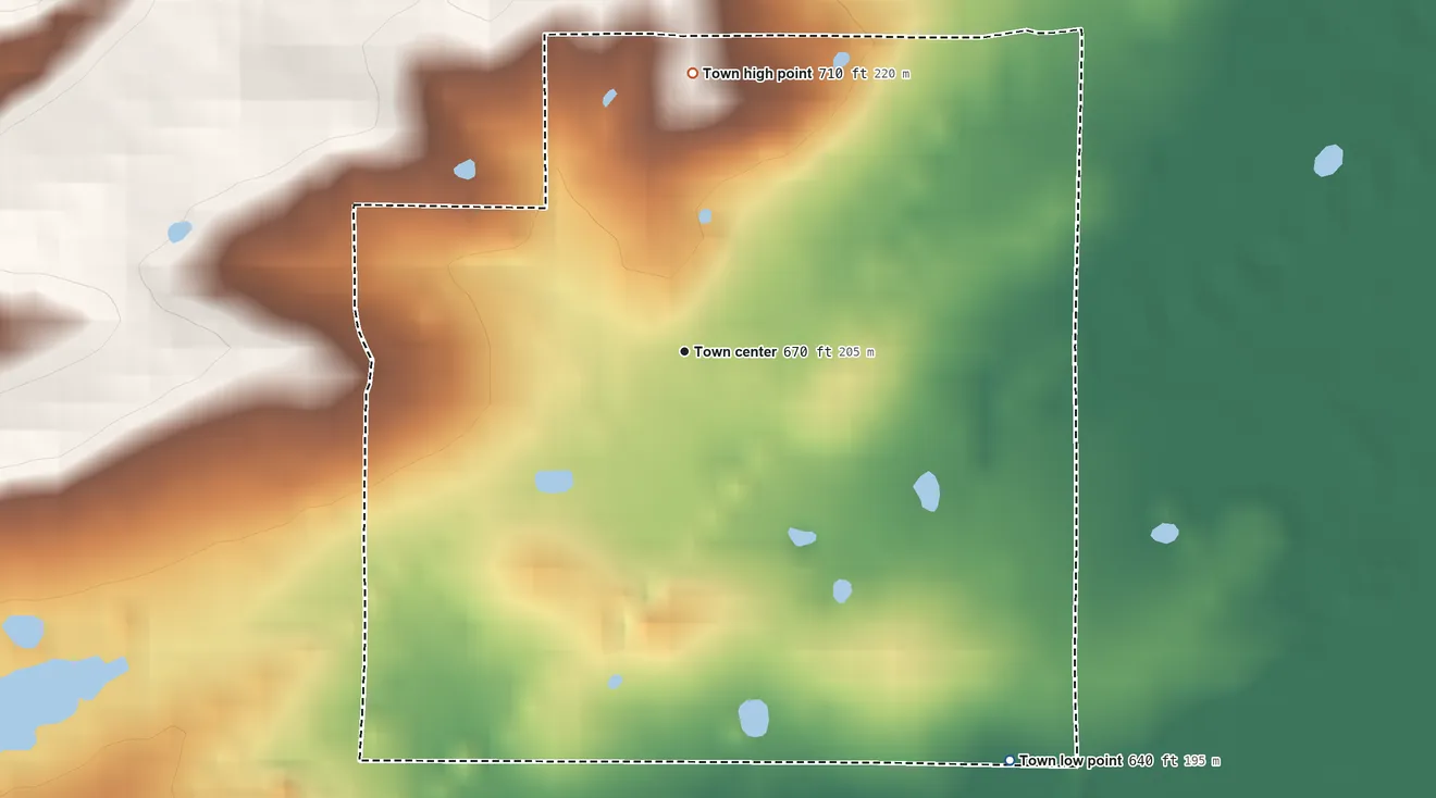 Topographic elevation map of Albion, Oklahoma, shaded from 640 ft on the southeast side to 710 ft on the north edge, below higher ground just outside