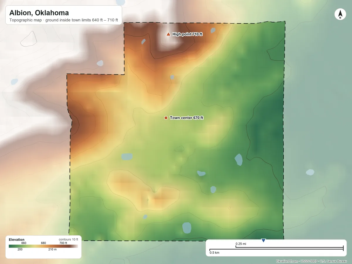 Topographic elevation map of Albion, Oklahoma, shaded from 640 ft on the southeast side to 710 ft on the north edge, below higher ground just outside