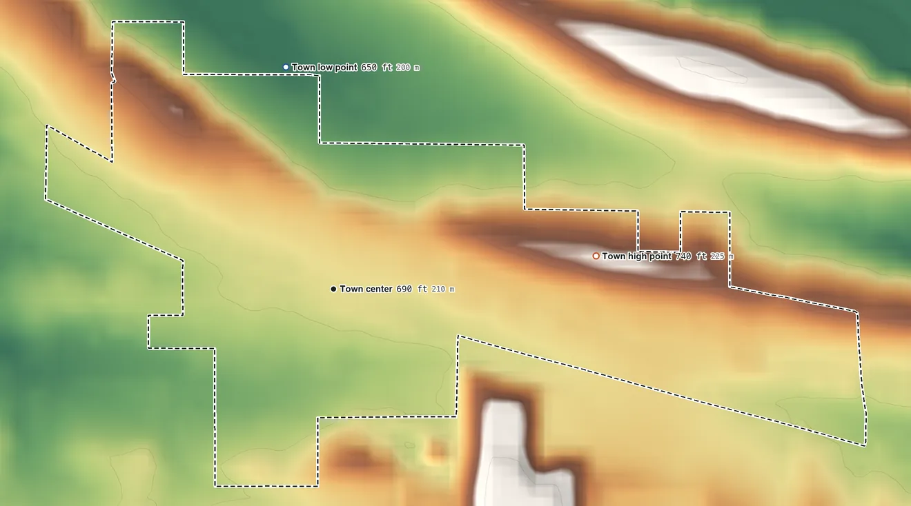 Topographic elevation map of Alderson, Oklahoma, shaded from 650 ft on the north side to 740 ft on the east side