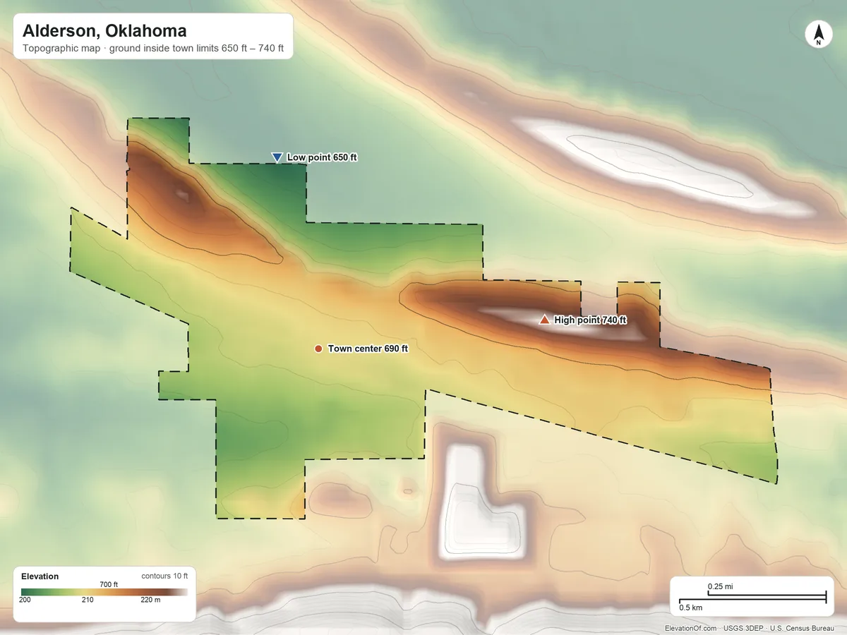 Topographic elevation map of Alderson, Oklahoma, shaded from 650 ft on the north side to 740 ft on the east side
