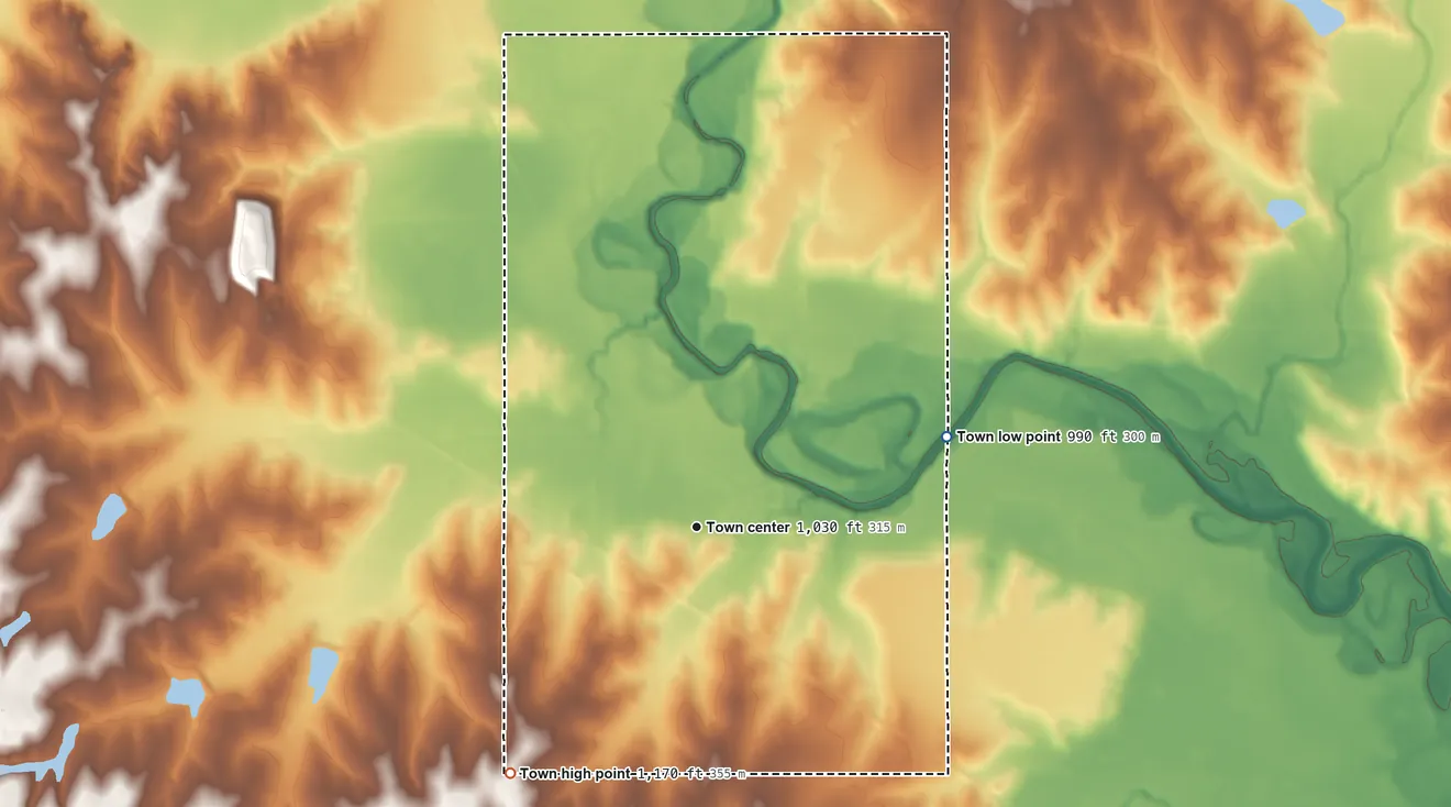 Topographic elevation map of Alex, Oklahoma, shaded from 990 ft on the east side to 1,170 ft on the southwest side