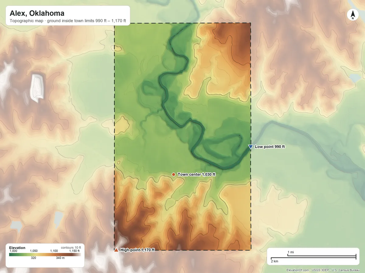 Topographic elevation map of Alex, Oklahoma, shaded from 990 ft on the east side to 1,170 ft on the southwest side