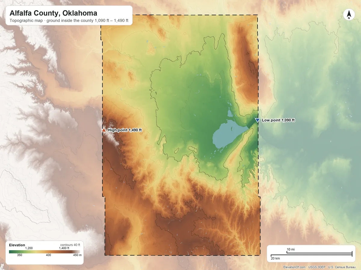 Topographic elevation map of Alfalfa County, Oklahoma, shaded from 1,090 ft on the east side to 1,490 ft on the west side