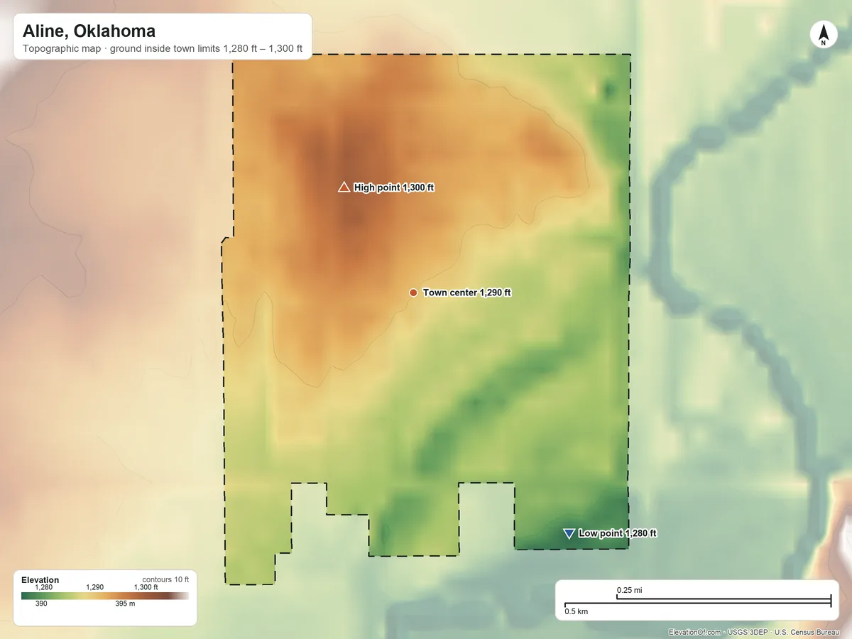Topographic elevation map of Aline, Oklahoma, shaded from 1,280 ft on the southeast side to 1,300 ft on the northwest side