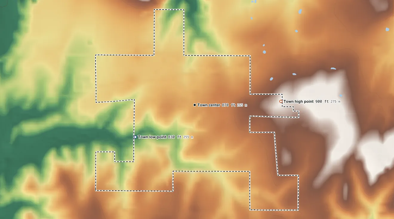 Topographic elevation map of Allen, Oklahoma, shaded from 830 ft on the southwest side to 900 ft on the east side